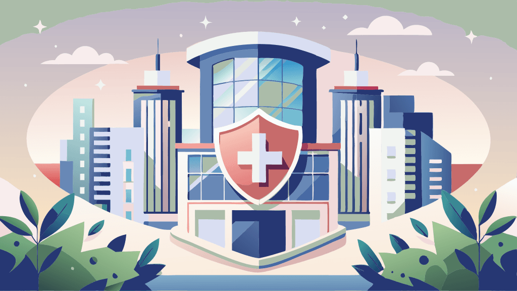 Healthcare facility with security shield icon
