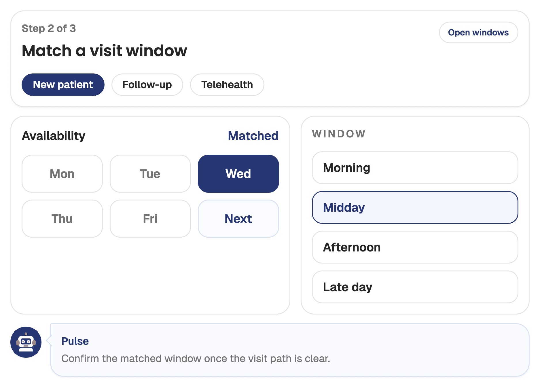 Screenshot of the Wattson booking workflow with visit window matching